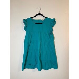 Umgee Women's Teal Blue Cotton Tiered Babydoll Ruffle Sleeve Dress Large